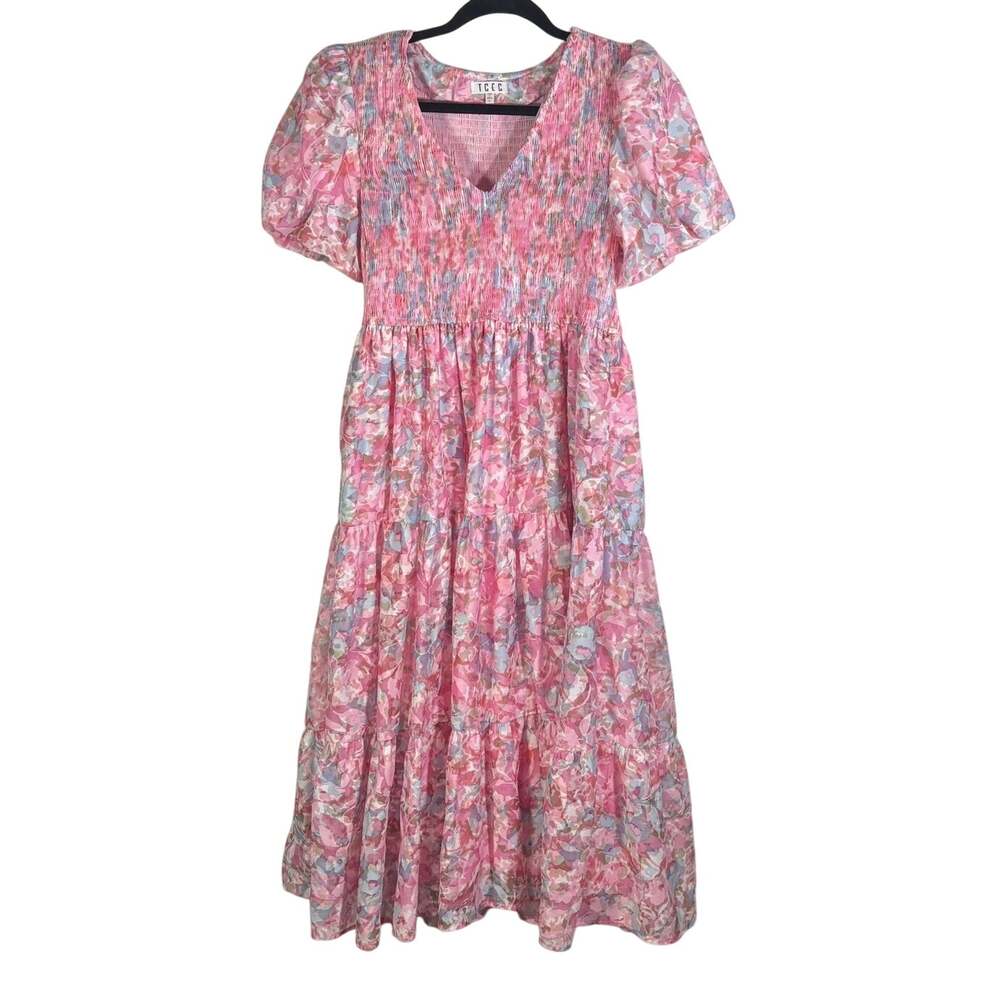 TCEC Womens L Pink Floral Smocked Midi Maxi Dress Puff Sleeve Cottagecore